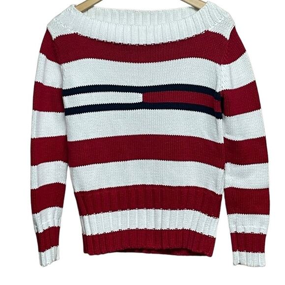 VTG TOMMY HILFIGER Patriotic Red White Blue Stripe Nautical Sweater Size Medium - Picture 1 of 7